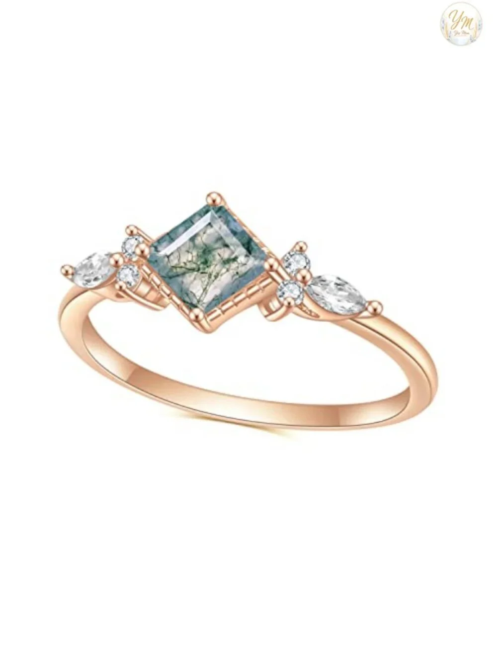 Green Moss Agate Engagement Ring 925 Sterling Silver Women's Solitaire Ring